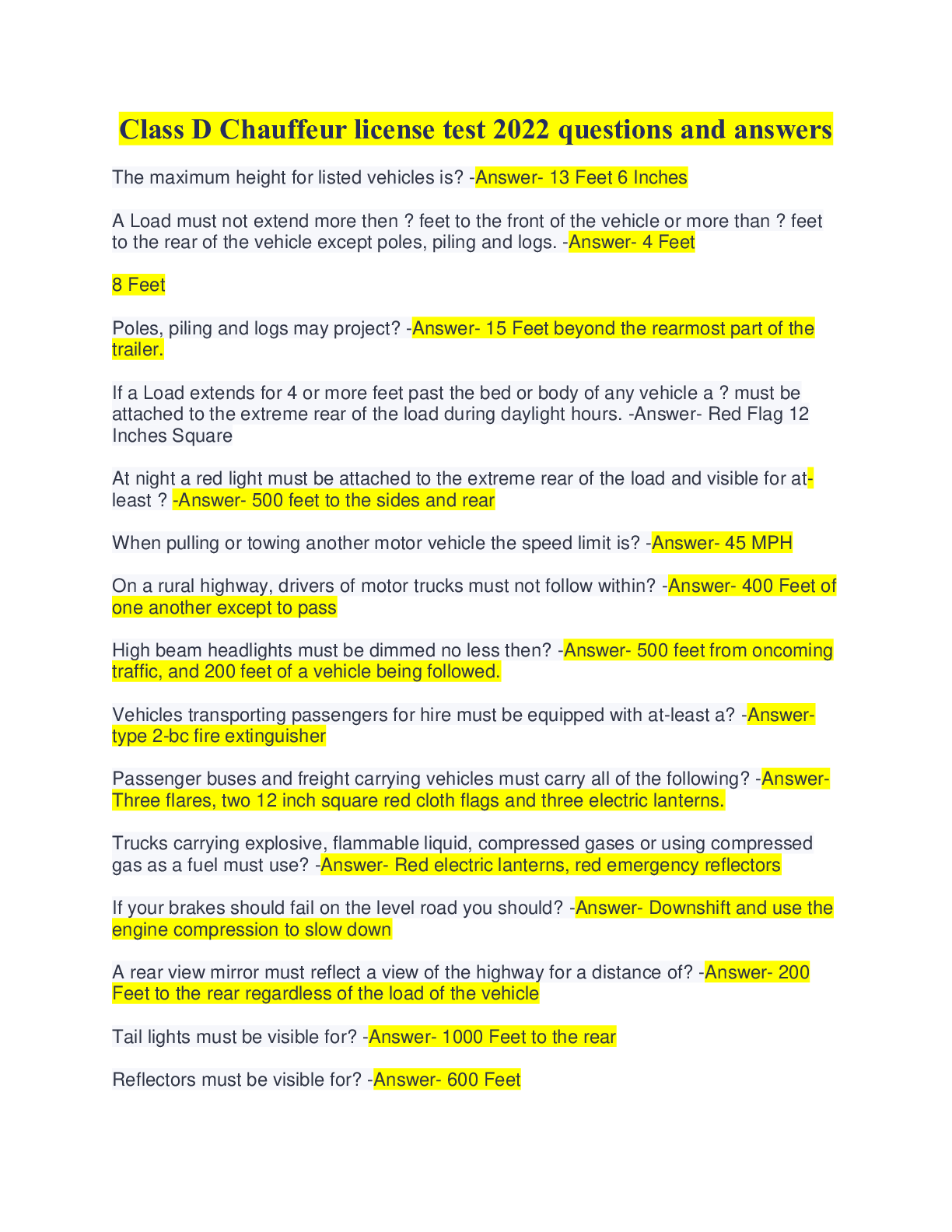 Class D Chauffeur license test 2022 questions and answers - Scholarfriends